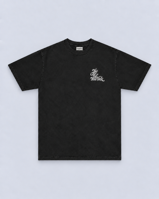 THEMENCO The City of New York Drop Shadow T-Shirt with a small white script design at the chest for an understated New York look