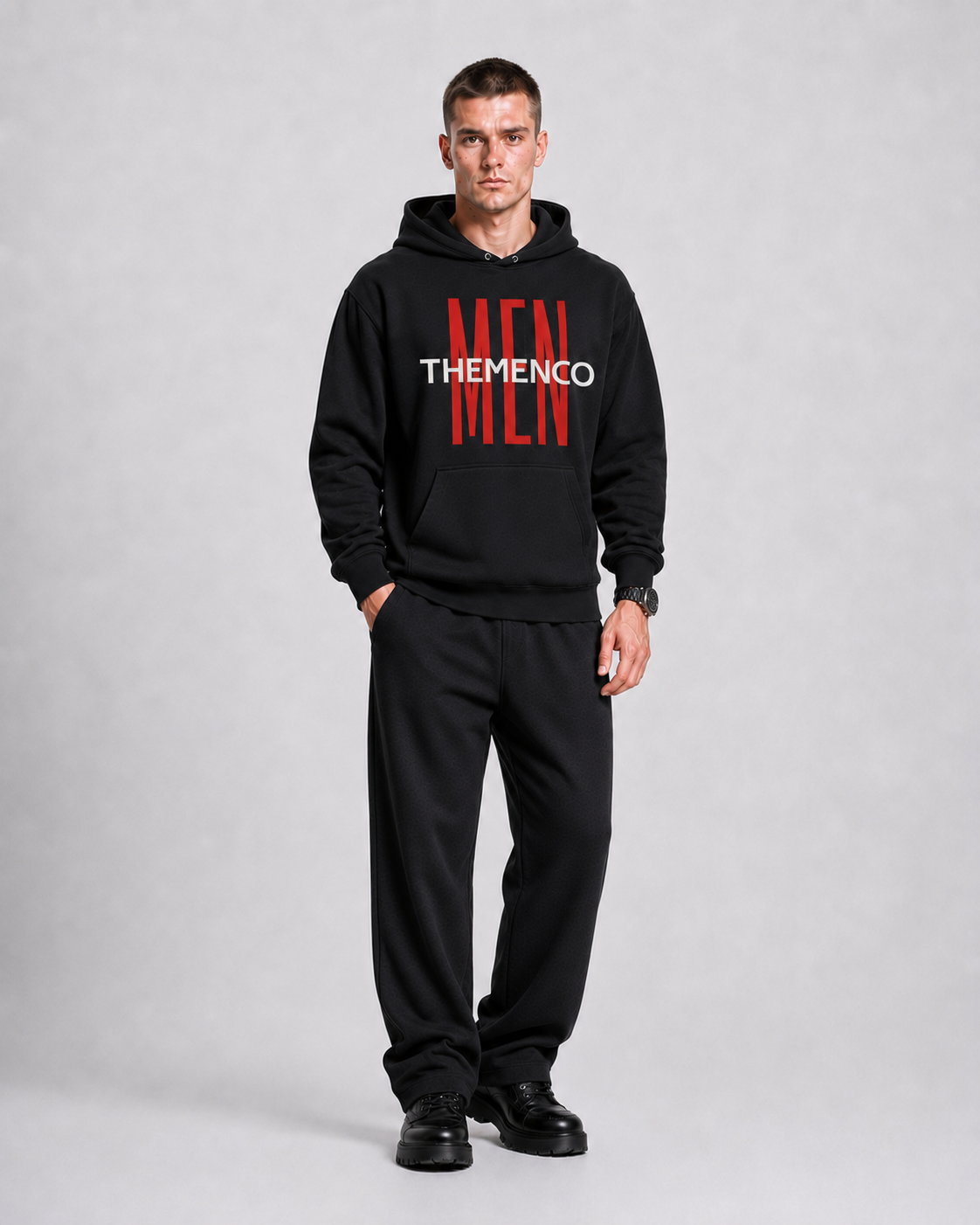 THEMENCO Herren Schwarzer Kapuzenpullover